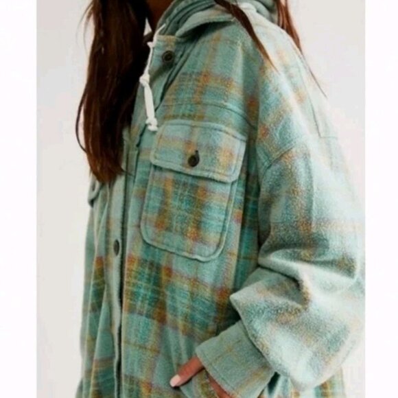 Free People Plaid Long Ruby Jacket Women's M Oversized Sage Combo EUC - Picture 4 of 9